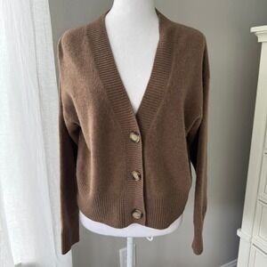 MKYNZE Women's Brown 100% Cashmere V Neck Button Front‎ Cardigan Sweater XS